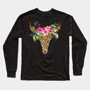 Cow Bull Skull Floral Skeleton Long Sleeve T-Shirt